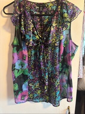 Apostrophe petite  Purple Multi Floral Ruffle Tie-Neck Blouse